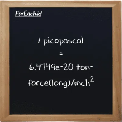 1 picopascal is equivalent to 6.4749e-20 ton-force(long)/inch<sup>2</sup> (1 pPa is equivalent to 6.4749e-20 LT f/in<sup>2</sup>)